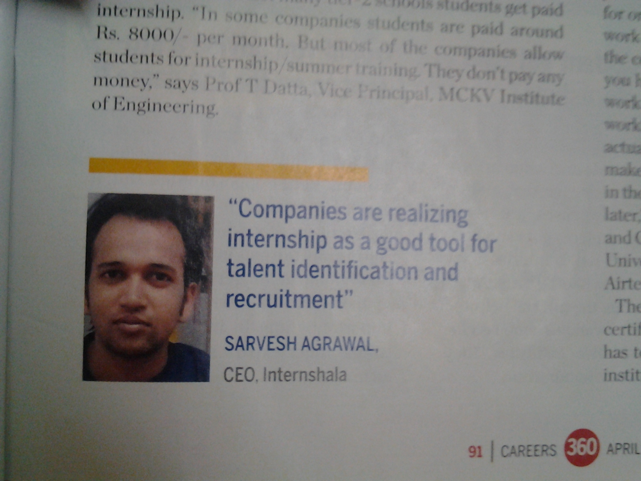 Quotes from Internshala in Careers360 magazine
