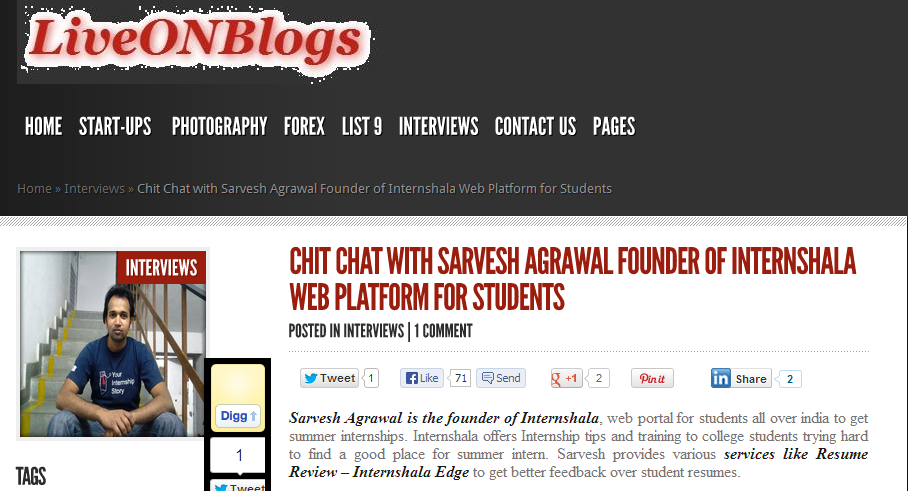 Interview with Sarvesh Agrawal, founder of Internshala, on LiveONBlogs